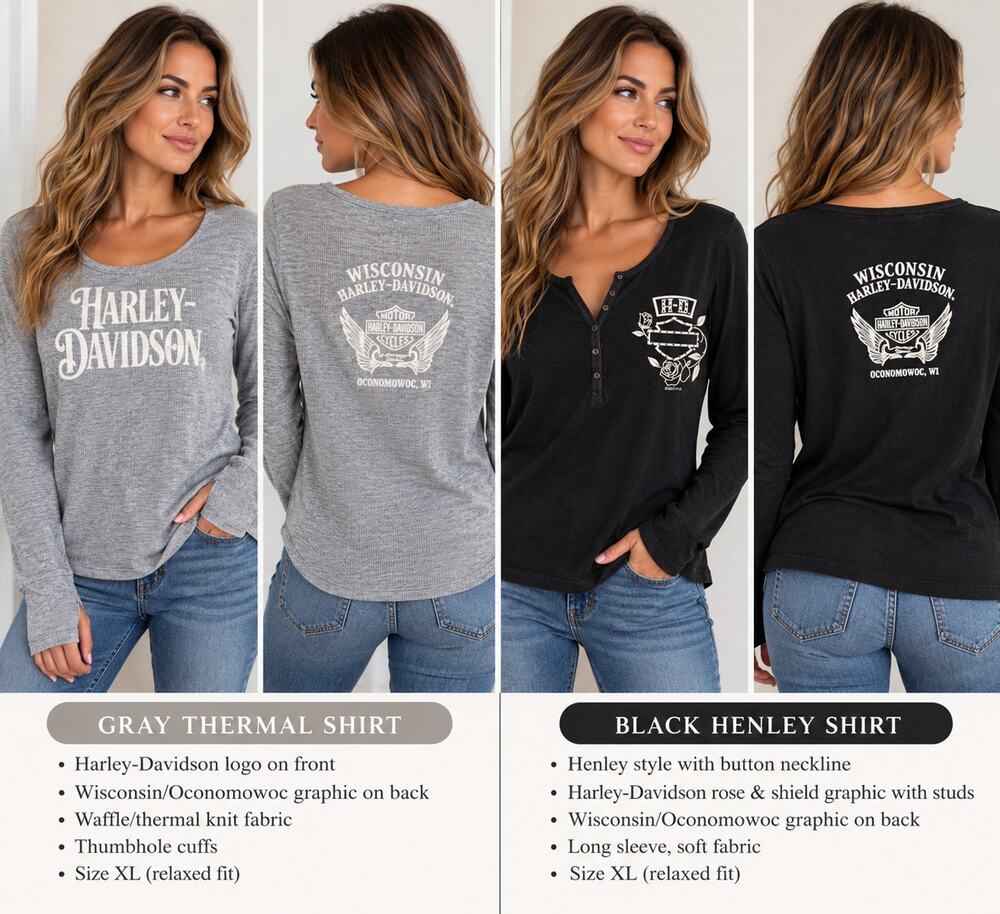 Harley-Davidson Women's XL Long Sleeve Shirt Lot of 2 Wisconsin Oconomowoc